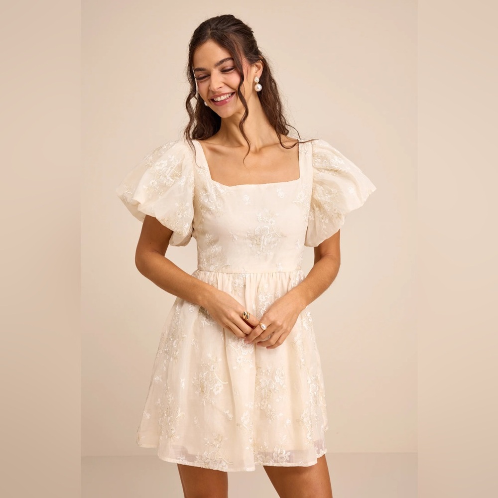 Cathaysa Cream Embroidered Puff Sleeve Bow Mini Dress